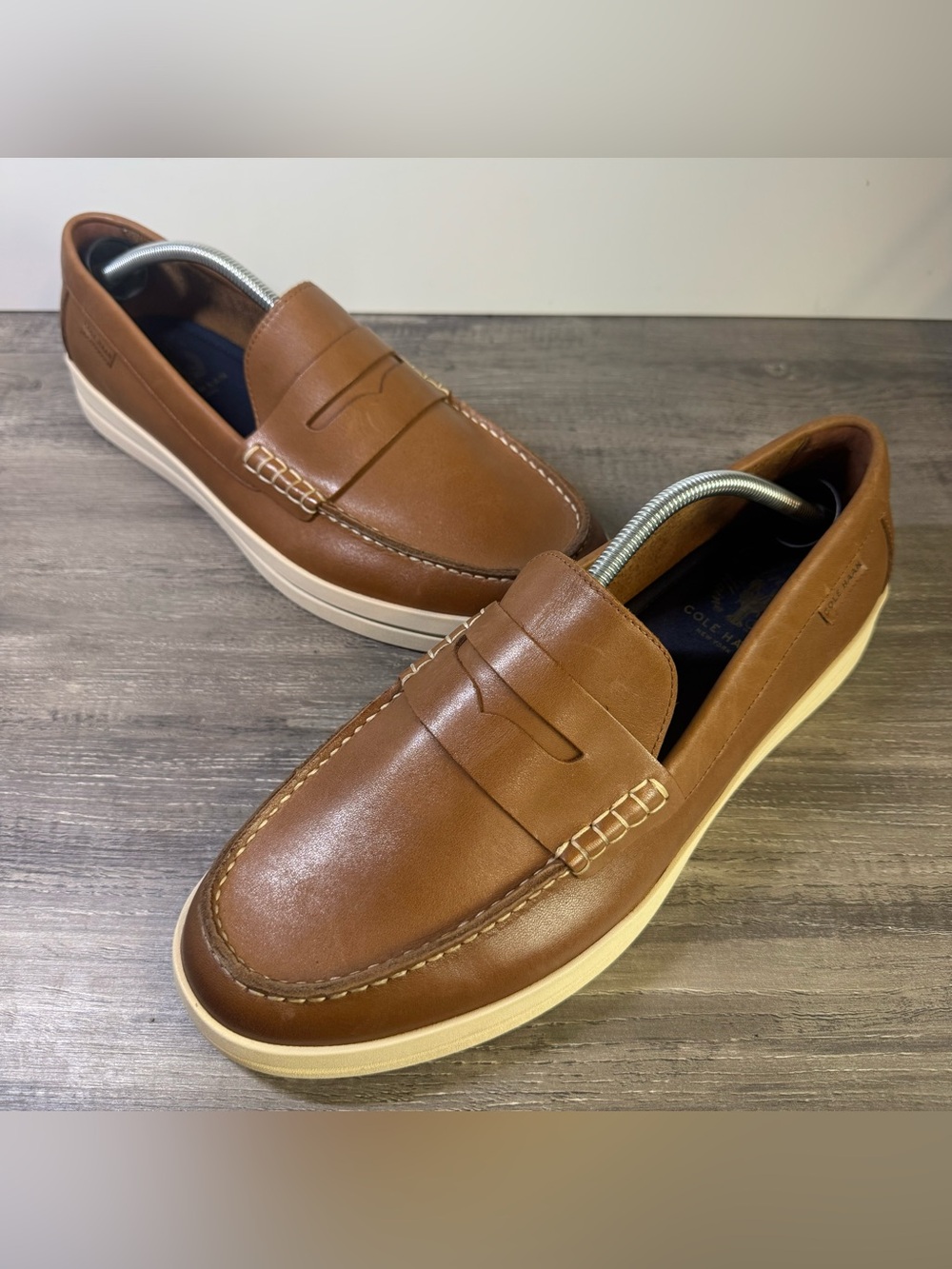 Cole Haan Pinch Long Weekender Penny Loafers British Tan size 13 IMMACULATE
